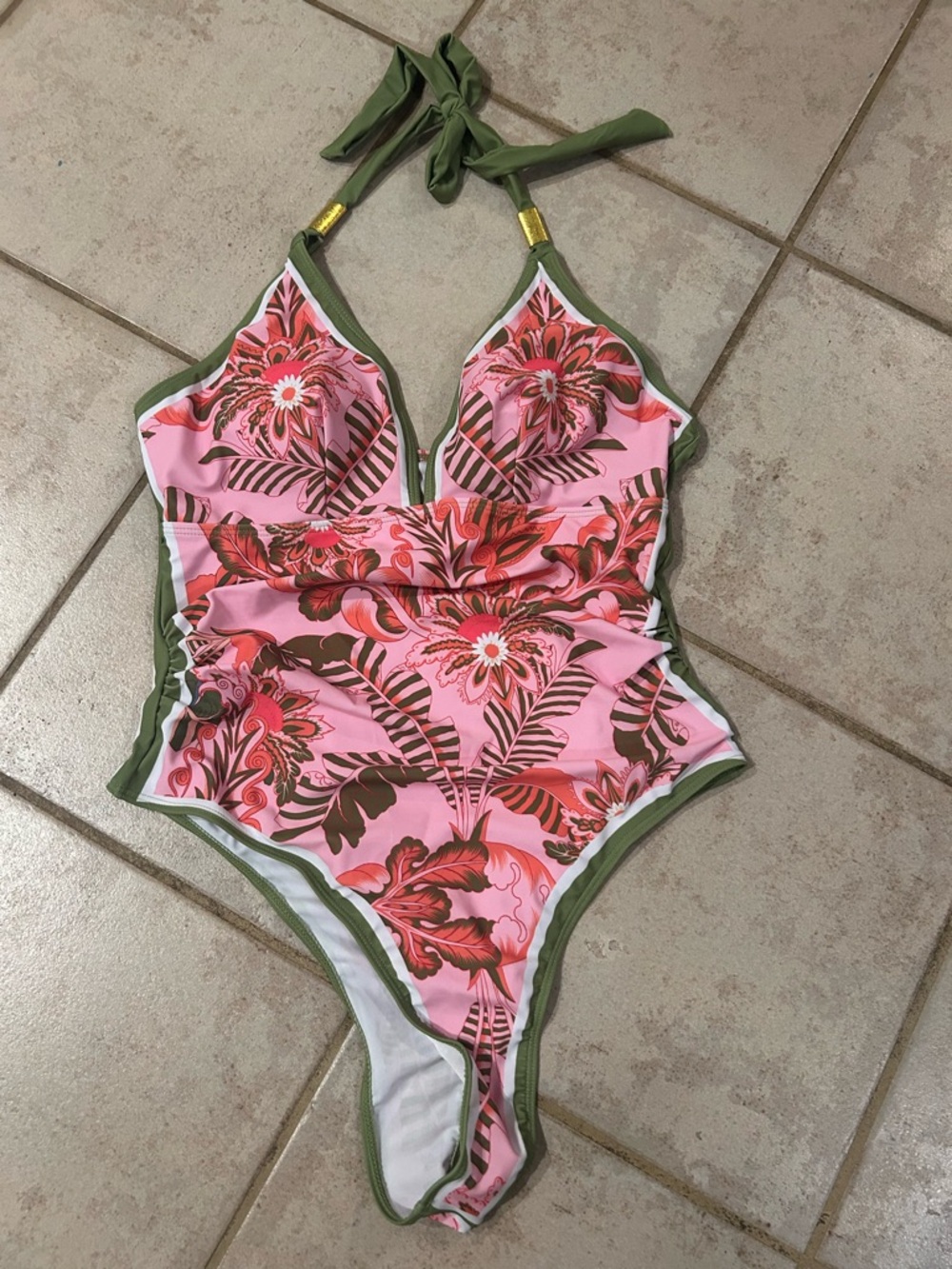 Floral Halter One-Piece Swimsuit in Pink and Olive